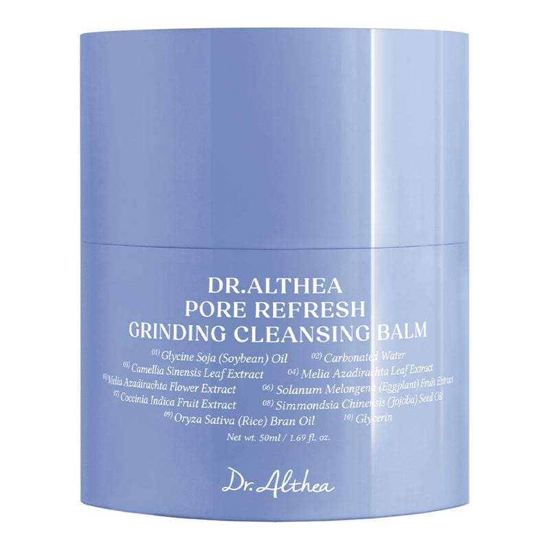 YABUKO Dr. Althea Pore Refresh Grinding Balm sejas attīrošs balzams ar 50ml iepakojumu, paredzēts poru attīrīšanai un ādas atsvaidzināšanai.