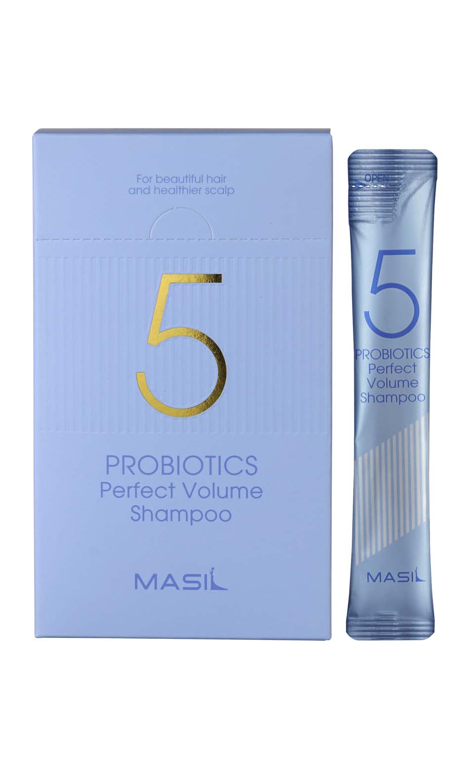 YABUKO Apjoma matu šampūns Masil 5 Probiotics, 8 ml iepakojums, 20 vienības, paredzēts matu apjoma uzlabošanai.