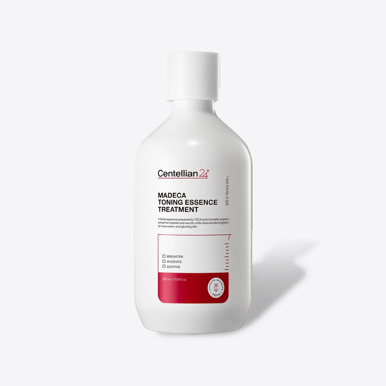 YABUKO Centellian24 Madeca tonizējoša sejas esence, 300 ml, gaiša pudele ar produkta iepakojumu un uzklāšanas traukli.