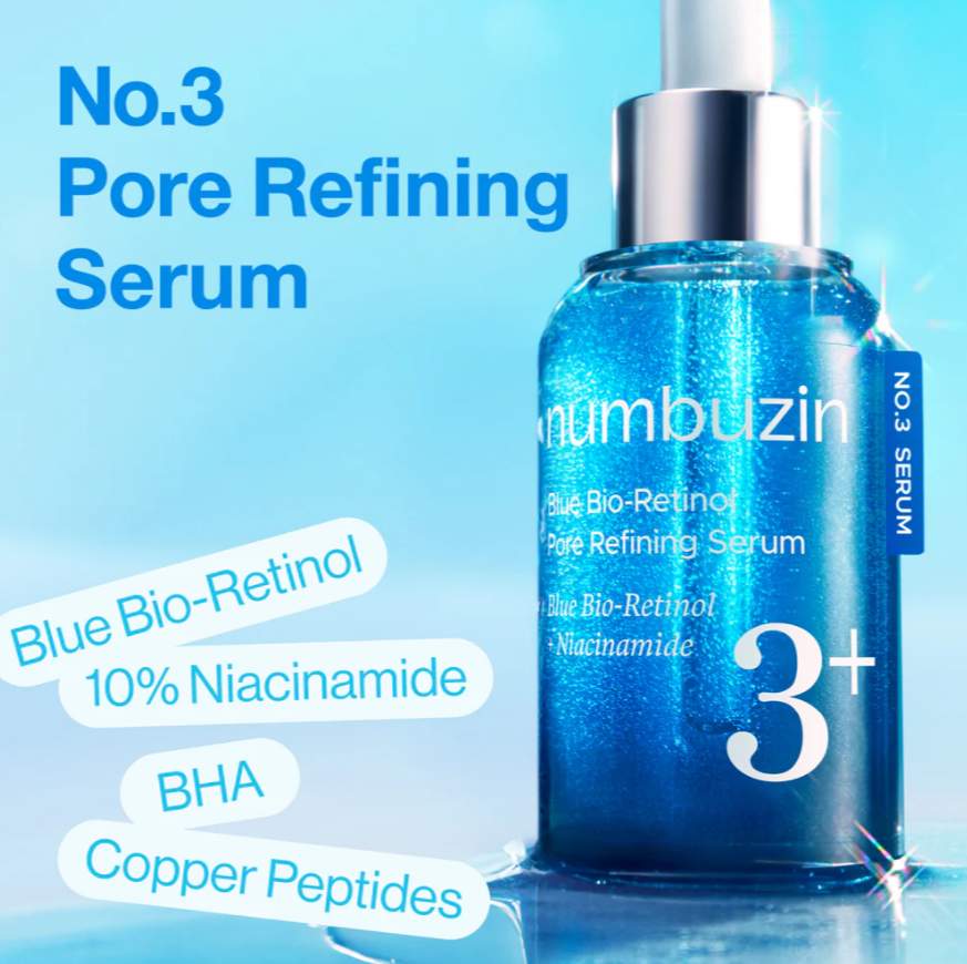 Poru samazinošs serums YABUKO Numbuzin No.3 Blue Bio-Retinol ar poru attīrīšanu un ādas tonusu uzlabojumu.