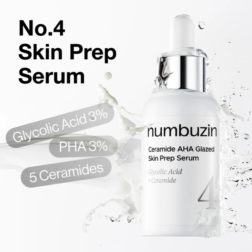 YABUKO Numbuzin No.4 Ceramide AHA serums ar keramīdiem un skābēm mirdzošai ādai, uzklāts uz sejas.