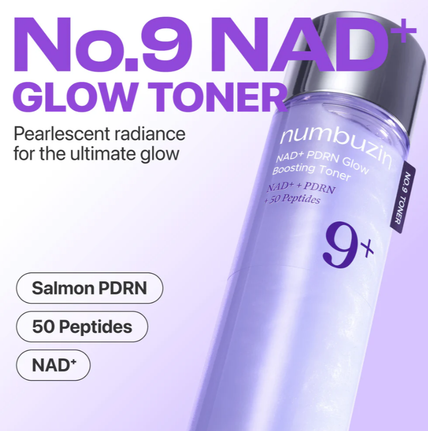 YABUKO Numbuzin No.9+ NAD+ PDRN Glow Boosting Toniks, 150ml, gaišas, mitrinošas tonika ar zīmola nosaukumu.