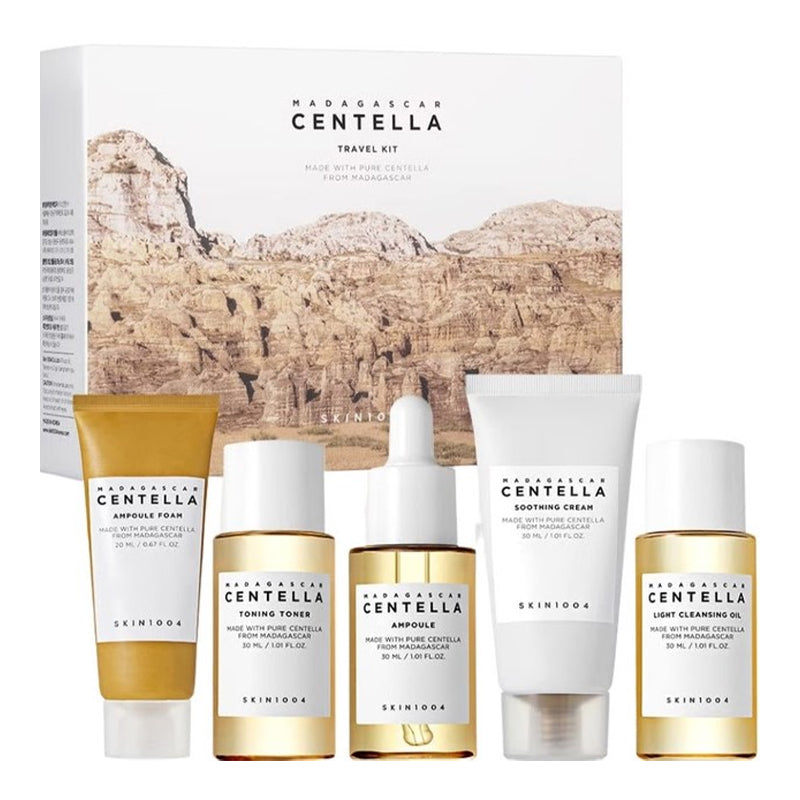 YABUKO SKIN1004 Madagascar Centella ceļojumu sejas kopšanas komplekts ar tīrīšanas un mitrinošiem produktiem.