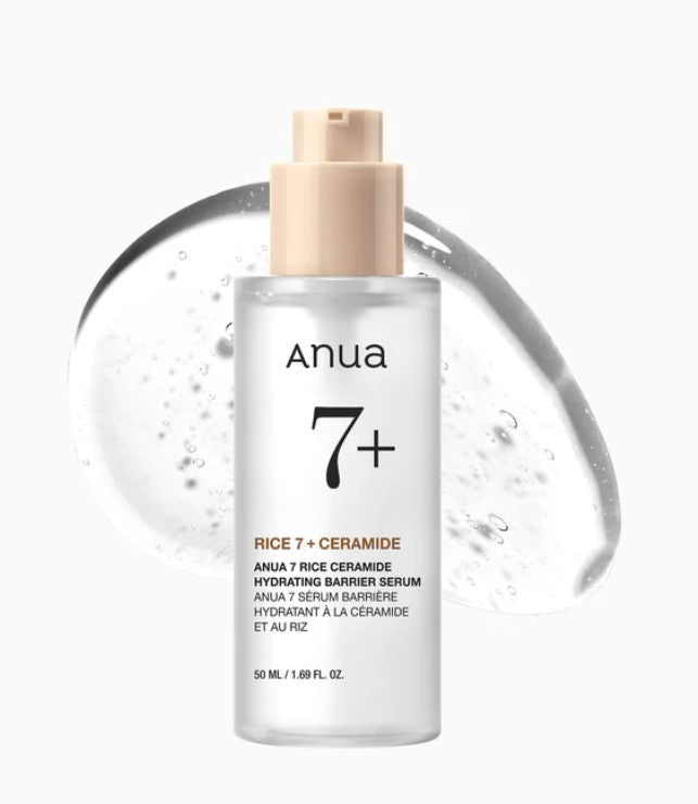 YABUKO Anua 7 Rice serum sejai, rīsu mitrinošs serums ar 50ml tilpumu, uz foto redzama pudelīte un iepakojums