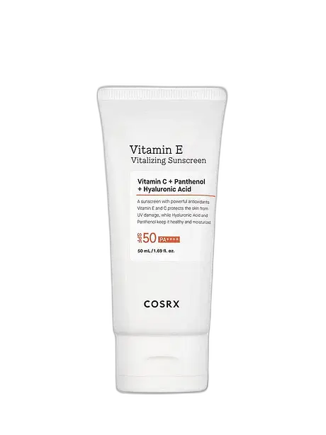 COSRX Vitamin E Vitalizing Sunscreen SPF 50+ sauļošanās krēms, 50 ml, YABUKO zīmols, viegls un aizsargājošs pret sauli.